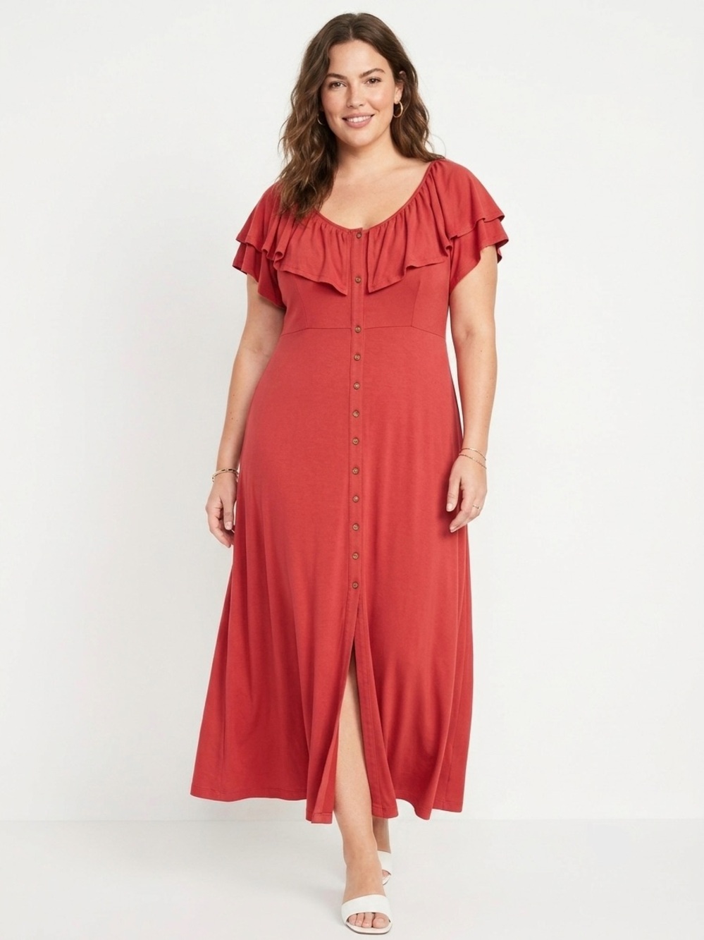Roaman's, Rust Button-Front Maxi Dress with Ruffle Neckline, 18/20